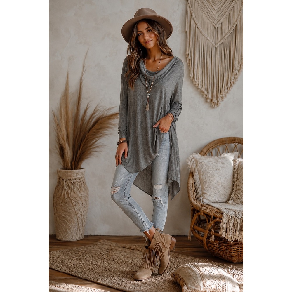 Free People Grey Ribbed Cowl Neck Asymmetric Hem Tunic Top Medium